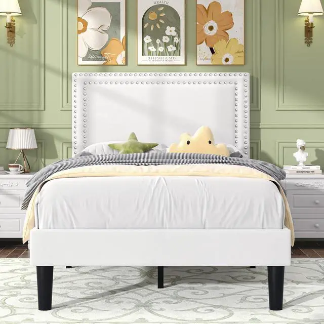 Alt view image 3 of 7 - VECELO Twin Size Platform Bed Frame with Adjustable Upholstered Headboard, Strong Wood Slat Support, No Box Spring Needed, Easy Assembly