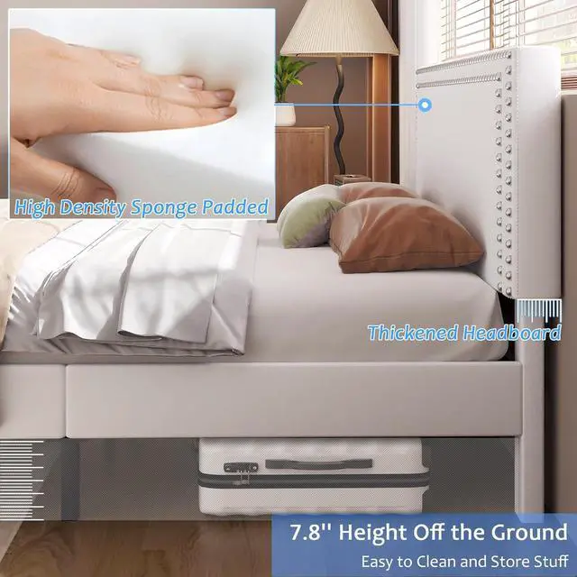 Alt view image 4 of 7 - VECELO Twin Size Platform Bed Frame with Adjustable Upholstered Headboard, Strong Wood Slat Support, No Box Spring Needed, Easy Assembly