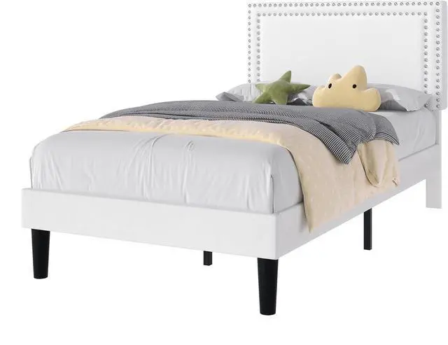 Alt view image 7 of 7 - VECELO Twin Size Platform Bed Frame with Adjustable Upholstered Headboard, Strong Wood Slat Support, No Box Spring Needed, Easy Assembly