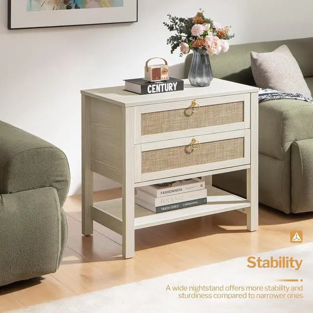 Alt view image 5 of 7 - SICOTAS White Night Stand Set of 2, Large Nightstand with Drawers and Storage Shelf - Rattan Boho Bedside Table Narrow Side Table for Bedroom, Small Space