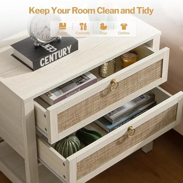 Alt view image 6 of 7 - SICOTAS White Night Stand Set of 2, Large Nightstand with Drawers and Storage Shelf - Rattan Boho Bedside Table Narrow Side Table for Bedroom, Small Space