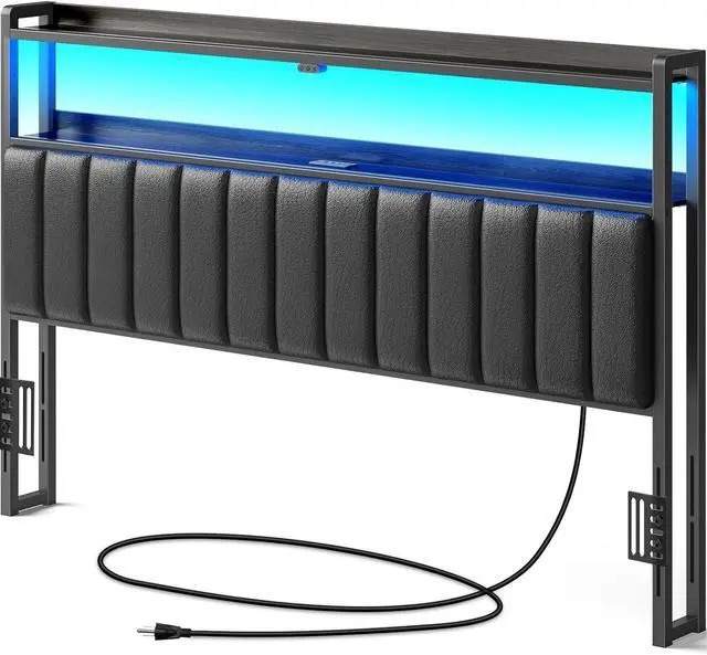 Main image of Rolanstar Headboard for King Size Bed with Storage, 60,000 DIY Color of LED Light, Head Board with USB & Type C Port, Height Adjustable, Black Upholstered Cabeceras de Cama Comfortable Modern, Leather