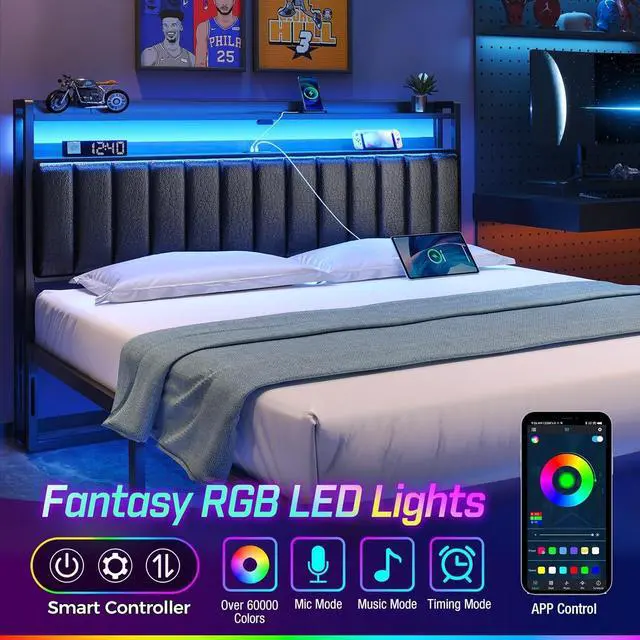 Alt view image 3 of 7 - Rolanstar Headboard for King Size Bed with Storage, 60,000 DIY Color of LED Light, Head Board with USB & Type C Port, Height Adjustable, Black Upholstered Cabeceras de Cama Comfortable Modern, Leather