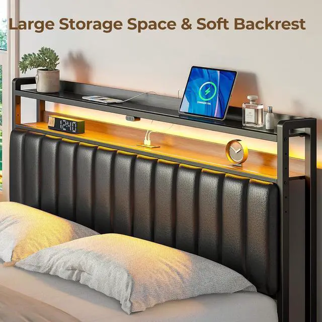 Alt view image 5 of 7 - Rolanstar Headboard for King Size Bed with Storage, 60,000 DIY Color of LED Light, Head Board with USB & Type C Port, Height Adjustable, Black Upholstered Cabeceras de Cama Comfortable Modern, Leather
