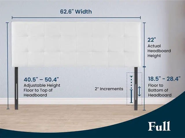 Alt view image 2 of 7 - Naomi Home Jessenia Full headboard only, Height Adjustable Full Size Bed Headboard, Square Tufted Headboard with 12 Positions, Metal Legs, Wall/Bed Mount, Linen Fabric headboard Full, White