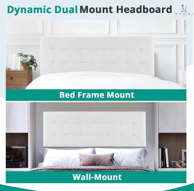 Alt view image 3 of 7 - Naomi Home Jessenia Full headboard only, Height Adjustable Full Size Bed Headboard, Square Tufted Headboard with 12 Positions, Metal Legs, Wall/Bed Mount, Linen Fabric headboard Full, White