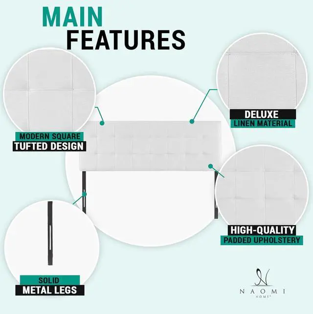 Alt view image 6 of 7 - Naomi Home Jessenia Full headboard only, Height Adjustable Full Size Bed Headboard, Square Tufted Headboard with 12 Positions, Metal Legs, Wall/Bed Mount, Linen Fabric headboard Full, White