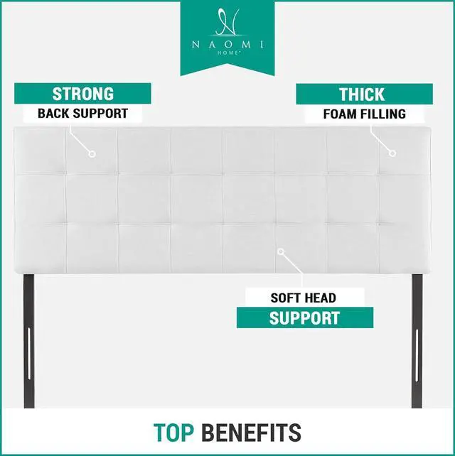 Alt view image 7 of 7 - Naomi Home Jessenia Full headboard only, Height Adjustable Full Size Bed Headboard, Square Tufted Headboard with 12 Positions, Metal Legs, Wall/Bed Mount, Linen Fabric headboard Full, White