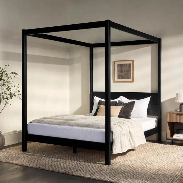 Alt view image 2 of 7 - Walker Edison Ayla Boho Slatted Headboard Queen Bedframe with Canopy, Queen Size, Black