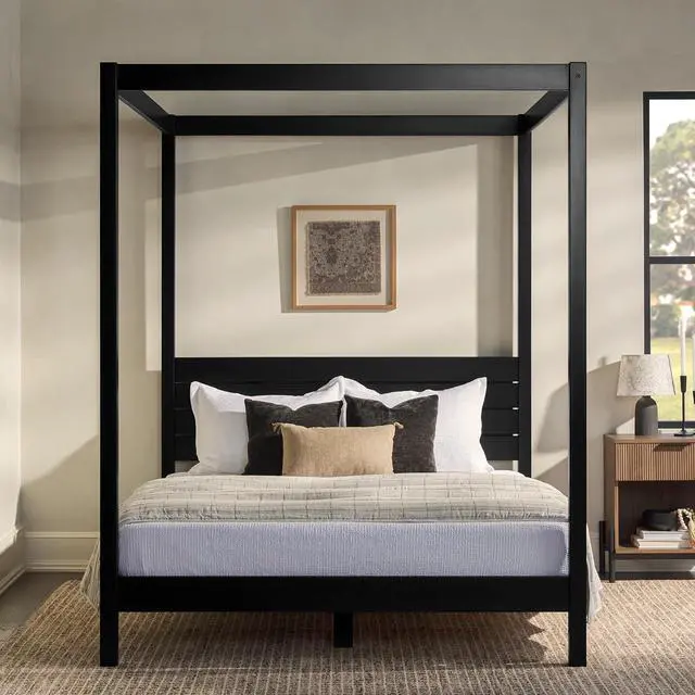 Alt view image 4 of 7 - Walker Edison Ayla Boho Slatted Headboard Queen Bedframe with Canopy, Queen Size, Black