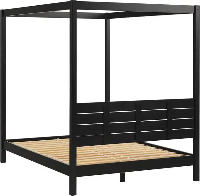 Alt view image 7 of 7 - Walker Edison Ayla Boho Slatted Headboard Queen Bedframe with Canopy, Queen Size, Black