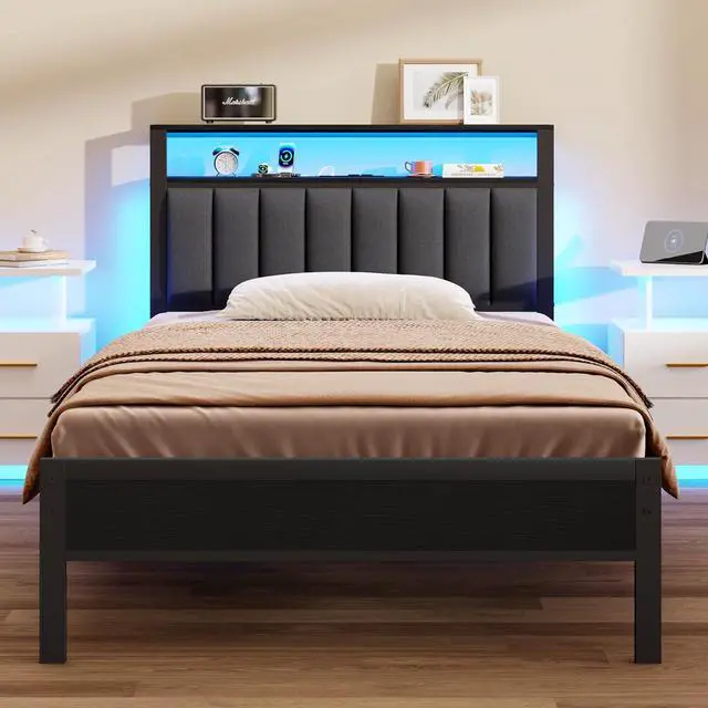 Main image of Furnulem Twin Size Bed Frame with Charging Station and LED Lights, Platform Bed with Metal Slats, Grey Upholstered Headboard with 2-Tier Storage Shelves, No Box Spring Needed