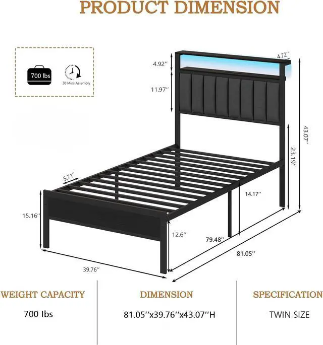 Alt view image 2 of 7 - Furnulem Twin Size Bed Frame with Charging Station and LED Lights, Platform Bed with Metal Slats, Grey Upholstered Headboard with 2-Tier Storage Shelves, No Box Spring Needed