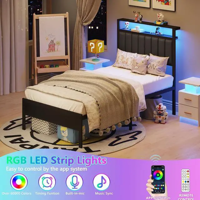 Alt view image 6 of 7 - Furnulem Twin Size Bed Frame with Charging Station and LED Lights, Platform Bed with Metal Slats, Grey Upholstered Headboard with 2-Tier Storage Shelves, No Box Spring Needed