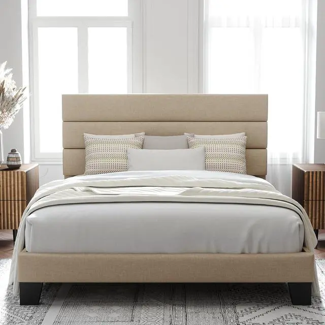 Main image of Allewie Queen Size Platform Bed Frame with Fabric Upholstered Headboard and Wooden Slats Support, Fully Upholstered Mattress Foundation/No Box Spring Needed/Easy Assembly, Beige