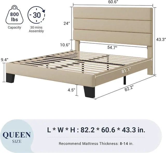 Alt view image 2 of 7 - Allewie Queen Size Platform Bed Frame with Fabric Upholstered Headboard and Wooden Slats Support, Fully Upholstered Mattress Foundation/No Box Spring Needed/Easy Assembly, Beige