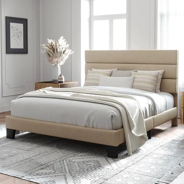 Alt view image 3 of 7 - Allewie Queen Size Platform Bed Frame with Fabric Upholstered Headboard and Wooden Slats Support, Fully Upholstered Mattress Foundation/No Box Spring Needed/Easy Assembly, Beige