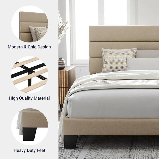 Alt view image 6 of 7 - Allewie Queen Size Platform Bed Frame with Fabric Upholstered Headboard and Wooden Slats Support, Fully Upholstered Mattress Foundation/No Box Spring Needed/Easy Assembly, Beige