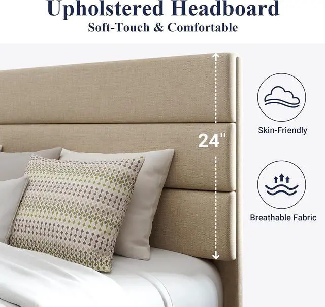 Alt view image 4 of 7 - Allewie Queen Size Platform Bed Frame with Fabric Upholstered Headboard and Wooden Slats Support, Fully Upholstered Mattress Foundation/No Box Spring Needed/Easy Assembly, Beige