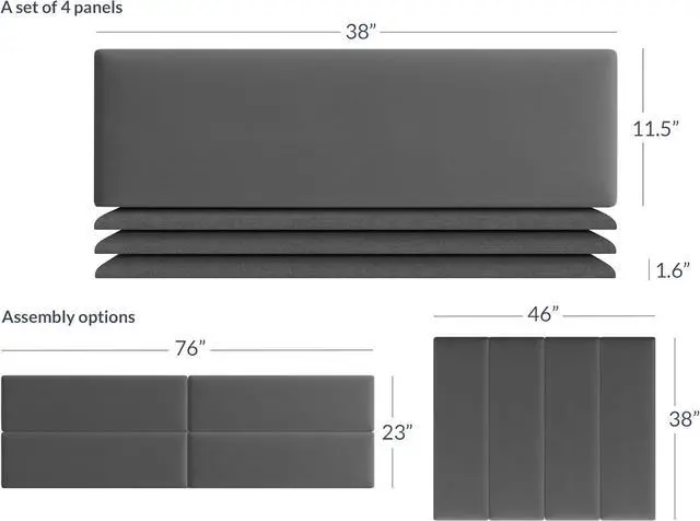 Alt view image 2 of 6 - BELLEZE Upholstered Wall Panels, Twin, Single, or Queen Size Wall Mounted Headboards - Pack of 4 Panels, Grey (Each Individual Panel 38" x 11.5")