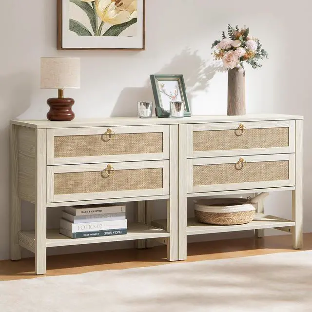 Main image of SICOTAS White Night Stand Set of 2, Large Nightstand with Drawers and Storage Shelf - Rattan Boho Bedside Table Narrow Side Table for Bedroom, Small Space