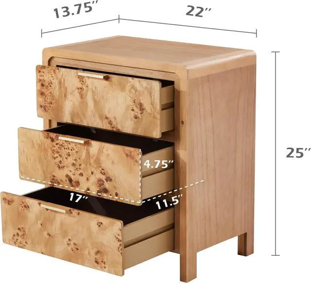 Alt view image 2 of 7 - Farmhouse Nightstand with 3 Drawer, Distressed Wood Rustic Accent Dresser, Burl Nightstand for Bedroom, Entryway, Fully Assembled, Natural