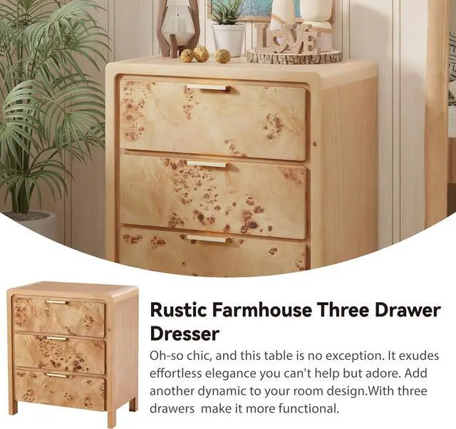 Alt view image 4 of 7 - Farmhouse Nightstand with 3 Drawer, Distressed Wood Rustic Accent Dresser, Burl Nightstand for Bedroom, Entryway, Fully Assembled, Natural