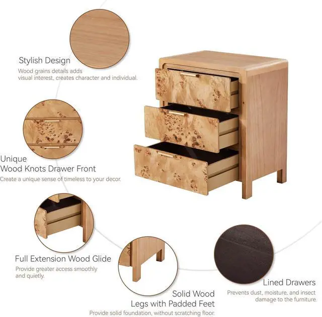 Alt view image 3 of 7 - Farmhouse Nightstand with 3 Drawer, Distressed Wood Rustic Accent Dresser, Burl Nightstand for Bedroom, Entryway, Fully Assembled, Natural