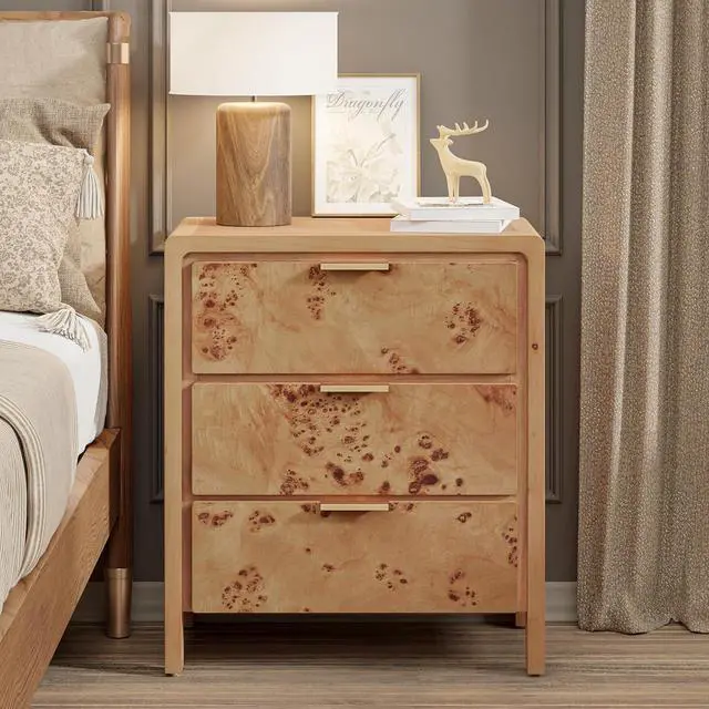Alt view image 5 of 7 - Farmhouse Nightstand with 3 Drawer, Distressed Wood Rustic Accent Dresser, Burl Nightstand for Bedroom, Entryway, Fully Assembled, Natural