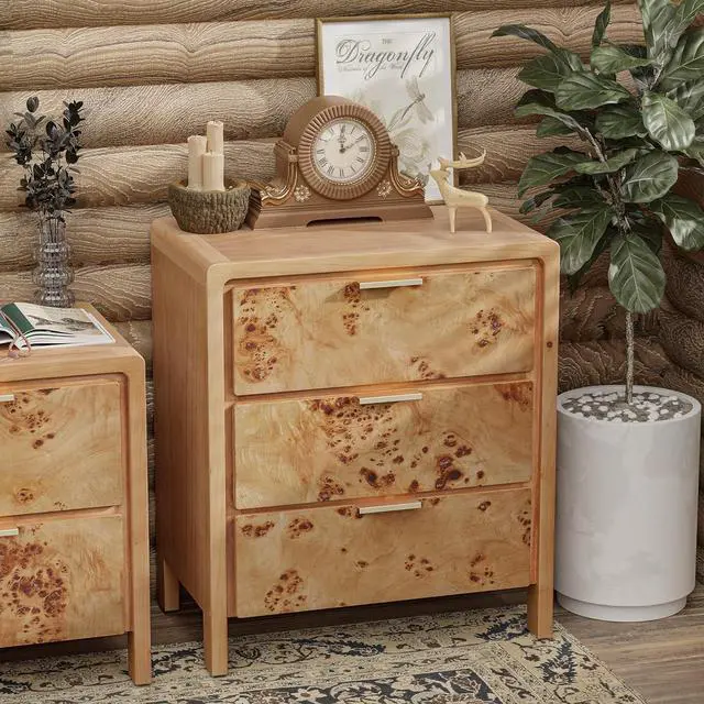 Alt view image 6 of 7 - Farmhouse Nightstand with 3 Drawer, Distressed Wood Rustic Accent Dresser, Burl Nightstand for Bedroom, Entryway, Fully Assembled, Natural