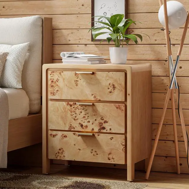 Alt view image 7 of 7 - Farmhouse Nightstand with 3 Drawer, Distressed Wood Rustic Accent Dresser, Burl Nightstand for Bedroom, Entryway, Fully Assembled, Natural