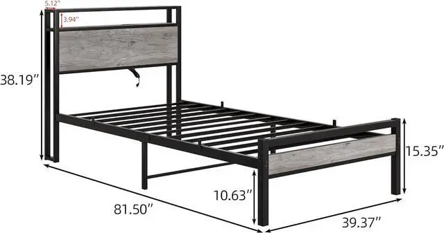 Alt view image 2 of 7 - HOJINLINERO Twin Bed Frame with Storage Headboard,Metal Bed Frame Twin Size with Charging Station,Twin Platform Bed Frame No Box Spring Needed,Beds Base,Heavy Duty Metal Slats Support,Black and Grey