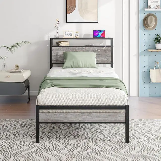 Main image of HOJINLINERO Twin Bed Frame with Storage Headboard,Metal Bed Frame Twin Size with Charging Station,Twin Platform Bed Frame No Box Spring Needed,Beds Base,Heavy Duty Metal Slats Support,Black and Grey