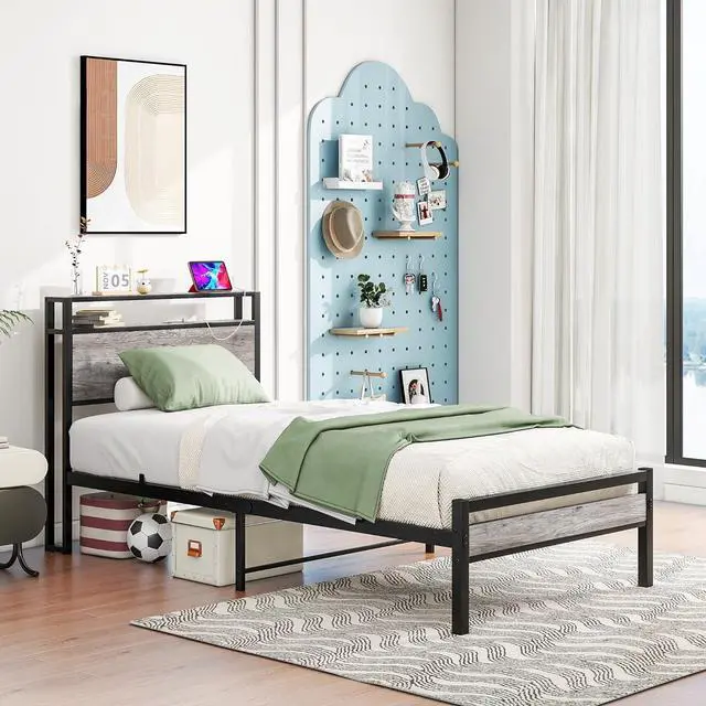 Alt view image 3 of 7 - HOJINLINERO Twin Bed Frame with Storage Headboard,Metal Bed Frame Twin Size with Charging Station,Twin Platform Bed Frame No Box Spring Needed,Beds Base,Heavy Duty Metal Slats Support,Black and Grey