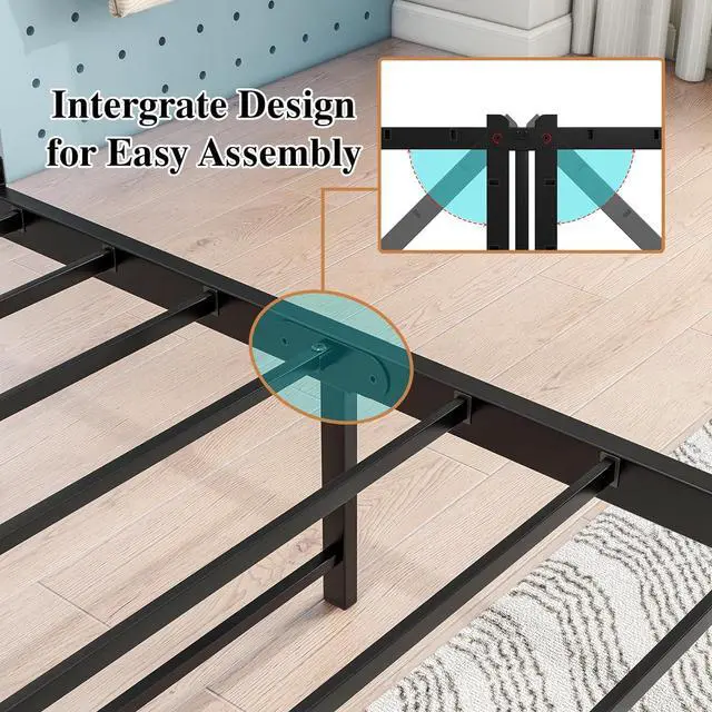 Alt view image 6 of 7 - HOJINLINERO Twin Bed Frame with Storage Headboard,Metal Bed Frame Twin Size with Charging Station,Twin Platform Bed Frame No Box Spring Needed,Beds Base,Heavy Duty Metal Slats Support,Black and Grey