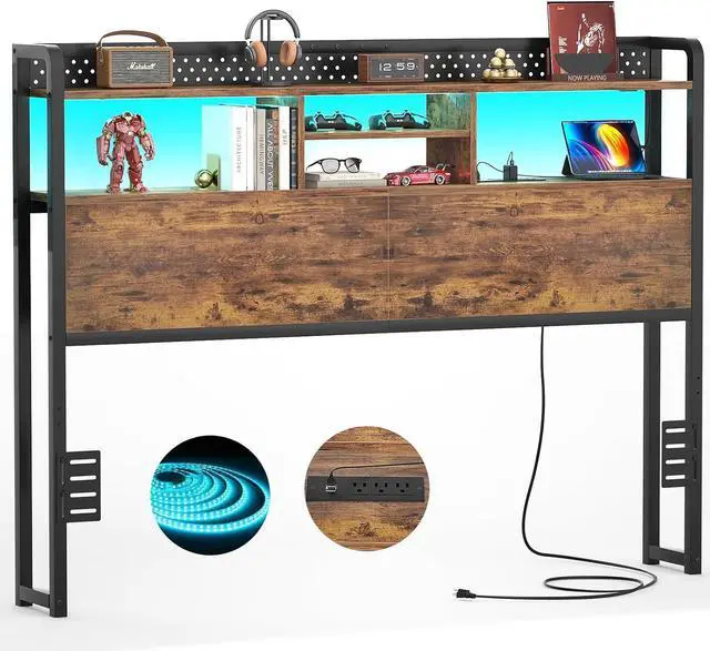 Main image of Unikito Headboard for Queen Size Bed with Storage Shelf, Head Board with 3 Outlets and 2 USB Ports, Headboards with RGB LED Light, Height Adjustable, Sturdy and Stable, Easy Assembly, Rustic Brown