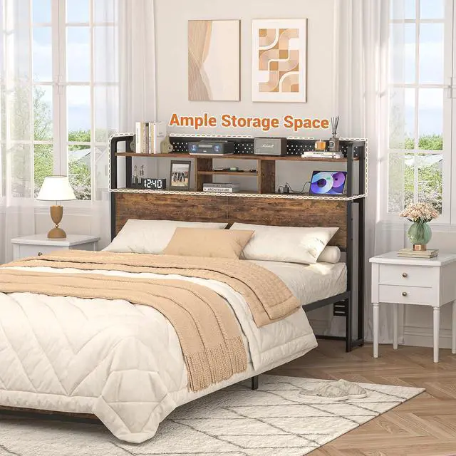 Alt view image 2 of 7 - Unikito Headboard for Queen Size Bed with Storage Shelf, Head Board with 3 Outlets and 2 USB Ports, Headboards with RGB LED Light, Height Adjustable, Sturdy and Stable, Easy Assembly, Rustic Brown