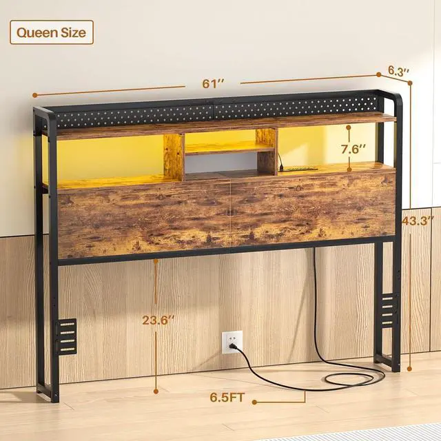Alt view image 3 of 7 - Unikito Headboard for Queen Size Bed with Storage Shelf, Head Board with 3 Outlets and 2 USB Ports, Headboards with RGB LED Light, Height Adjustable, Sturdy and Stable, Easy Assembly, Rustic Brown
