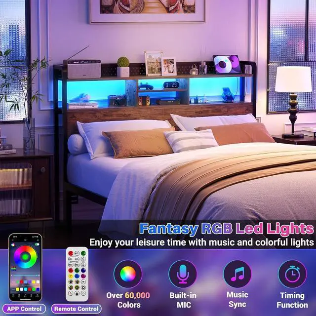 Alt view image 4 of 7 - Unikito Headboard for Queen Size Bed with Storage Shelf, Head Board with 3 Outlets and 2 USB Ports, Headboards with RGB LED Light, Height Adjustable, Sturdy and Stable, Easy Assembly, Rustic Brown