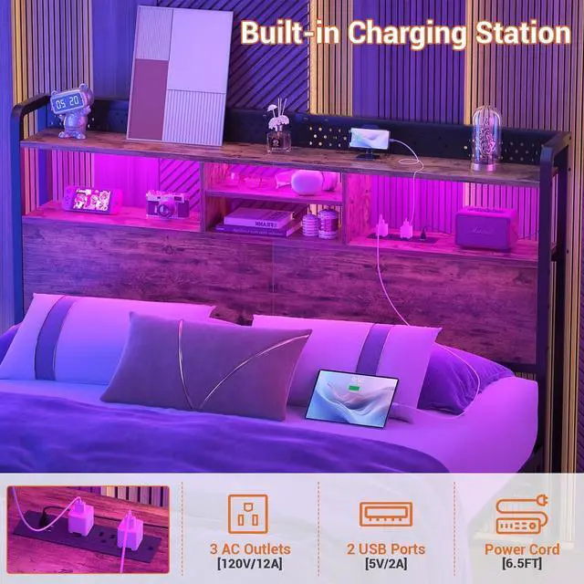 Alt view image 5 of 7 - Unikito Headboard for Queen Size Bed with Storage Shelf, Head Board with 3 Outlets and 2 USB Ports, Headboards with RGB LED Light, Height Adjustable, Sturdy and Stable, Easy Assembly, Rustic Brown