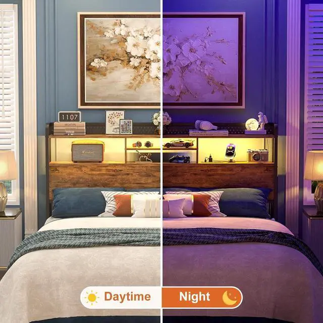 Alt view image 6 of 7 - Unikito Headboard for Queen Size Bed with Storage Shelf, Head Board with 3 Outlets and 2 USB Ports, Headboards with RGB LED Light, Height Adjustable, Sturdy and Stable, Easy Assembly, Rustic Brown