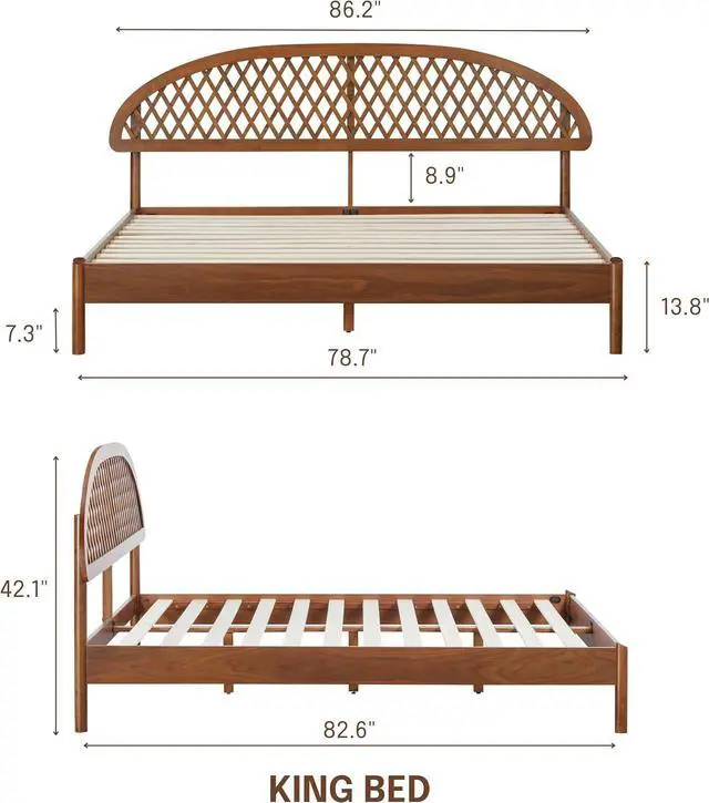Alt view image 2 of 7 - NTC Gem Wooden Bed Frame with Headboard, Crafted from Walnut, Rubber Wood with Silent Slats and Wood Central Supports, 1000 Lb Capacity, Effortless Assembly, King - Dark Walnut