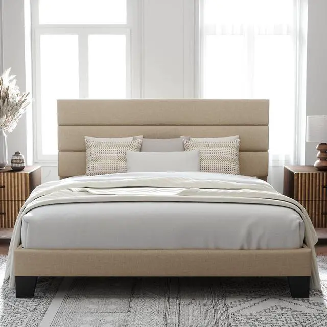 Main image of Allewie King Size Platform Bed Frame with Fabric Upholstered Headboard and Wooden Slats Support, Fully Upholstered Mattress Foundation/No Box Spring Needed/Easy Assembly, Beige