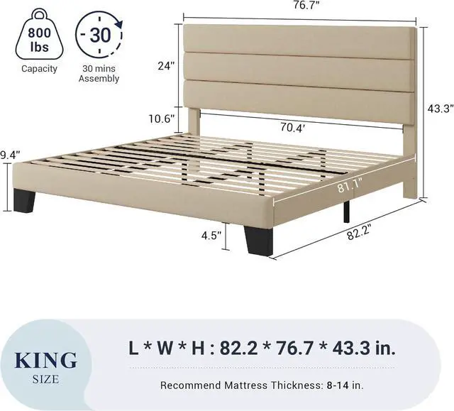 Alt view image 2 of 7 - Allewie King Size Platform Bed Frame with Fabric Upholstered Headboard and Wooden Slats Support, Fully Upholstered Mattress Foundation/No Box Spring Needed/Easy Assembly, Beige