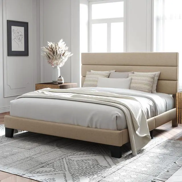 Alt view image 3 of 7 - Allewie King Size Platform Bed Frame with Fabric Upholstered Headboard and Wooden Slats Support, Fully Upholstered Mattress Foundation/No Box Spring Needed/Easy Assembly, Beige