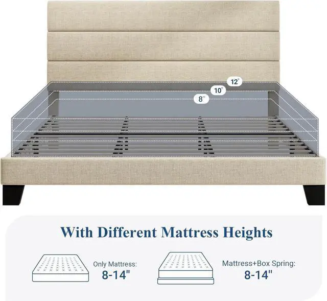 Alt view image 7 of 7 - Allewie King Size Platform Bed Frame with Fabric Upholstered Headboard and Wooden Slats Support, Fully Upholstered Mattress Foundation/No Box Spring Needed/Easy Assembly, Beige