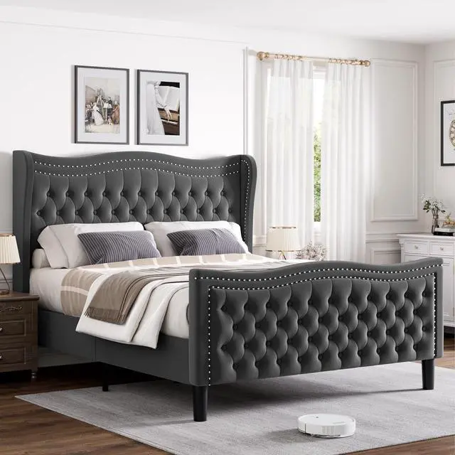 Main image of Queen Bed Frame, 52"" Headboard Upholstered Bed with Tall Footbaord, Velvet Upholstered Deep Button Tufted Wingback Platform Bed, No Box Spring Required/Wood Slat Support/Gray, Grey