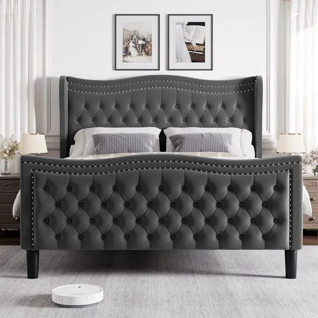 Alt view image 3 of 7 - Queen Bed Frame, 52"" Headboard Upholstered Bed with Tall Footbaord, Velvet Upholstered Deep Button Tufted Wingback Platform Bed, No Box Spring Required/Wood Slat Support/Gray, Grey