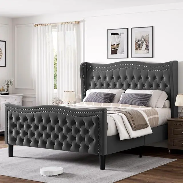 Alt view image 4 of 7 - Queen Bed Frame, 52"" Headboard Upholstered Bed with Tall Footbaord, Velvet Upholstered Deep Button Tufted Wingback Platform Bed, No Box Spring Required/Wood Slat Support/Gray, Grey