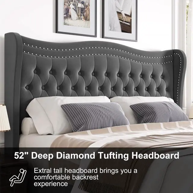 Alt view image 5 of 7 - Queen Bed Frame, 52"" Headboard Upholstered Bed with Tall Footbaord, Velvet Upholstered Deep Button Tufted Wingback Platform Bed, No Box Spring Required/Wood Slat Support/Gray, Grey